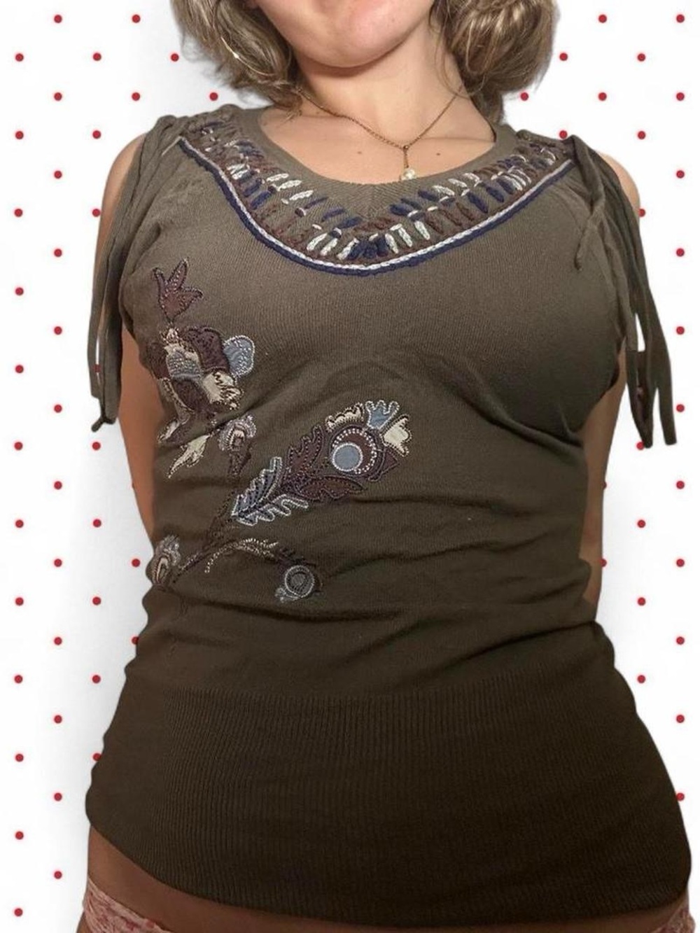 Olive Green Embroidered Fringe-Shoulder Sleeveless Tank